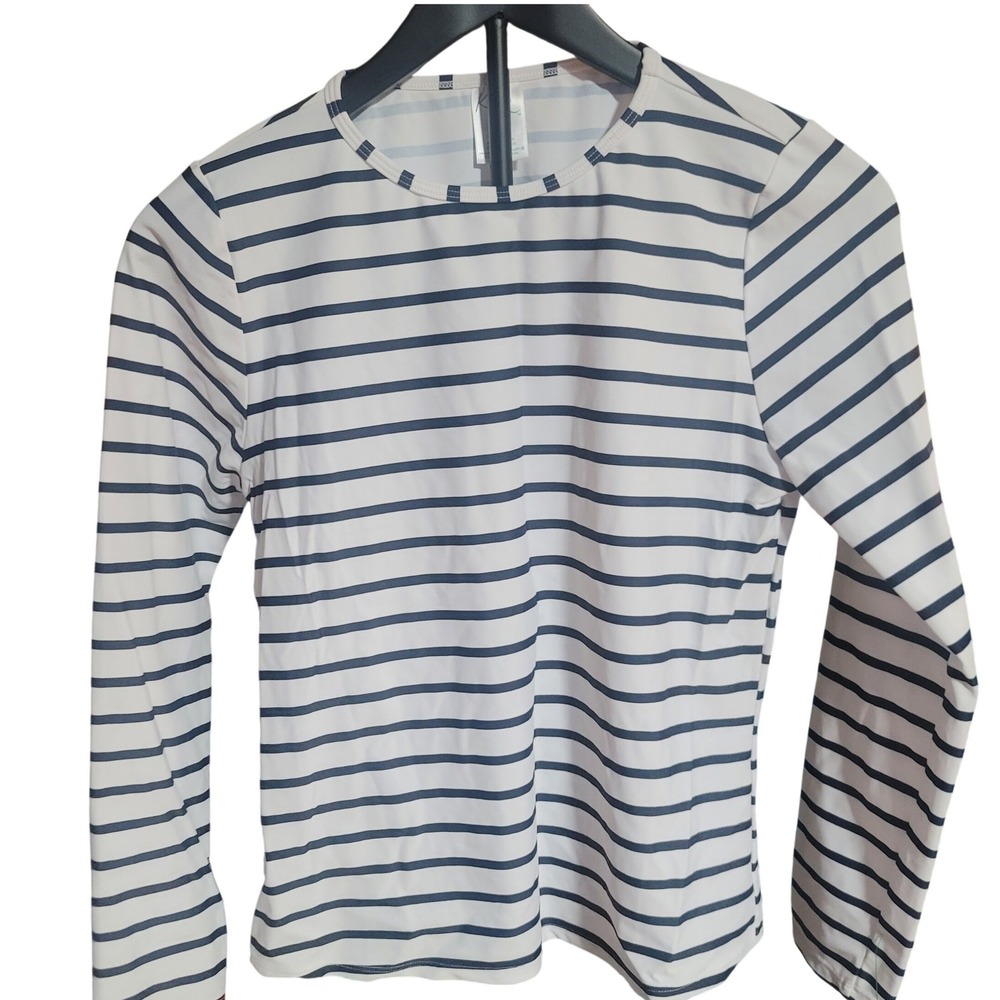 Kona Sol Womens XS Rash Guard Long Sleeve Navy Blue White Striped Swim Top Beach